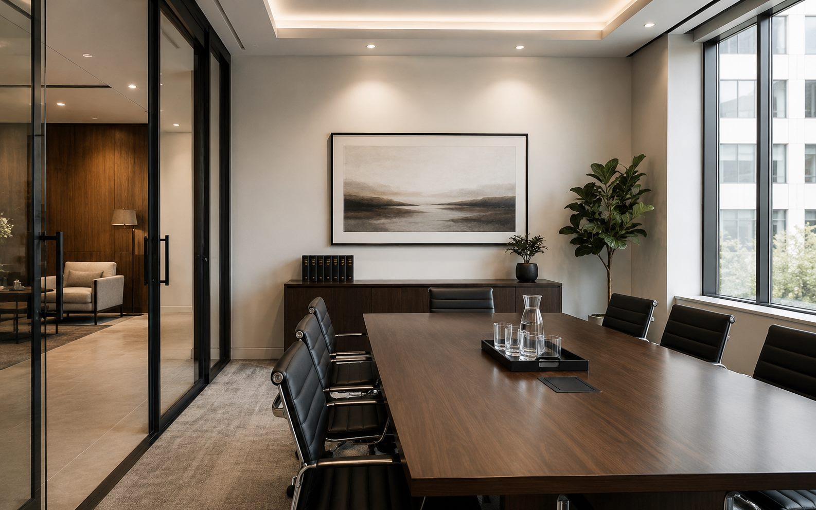 Sala de reuniones del estudio, ordenada y con luz natural